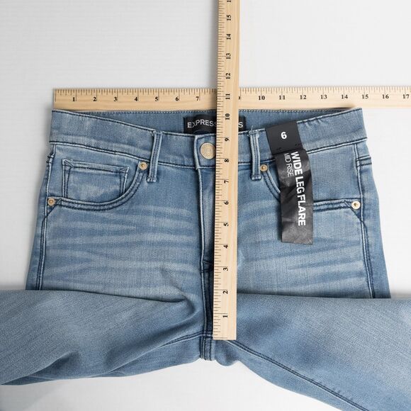 Express Mid Rise Wide Leg Flare Jeans Womens 6R Blue Raw Hem Boho Retro Hippie - Picture 6 of 16